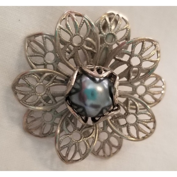 Vintage Jewelry - Vintage Silver-tone Filigree & Faux Black Pearl Clip-on Floral Earrings